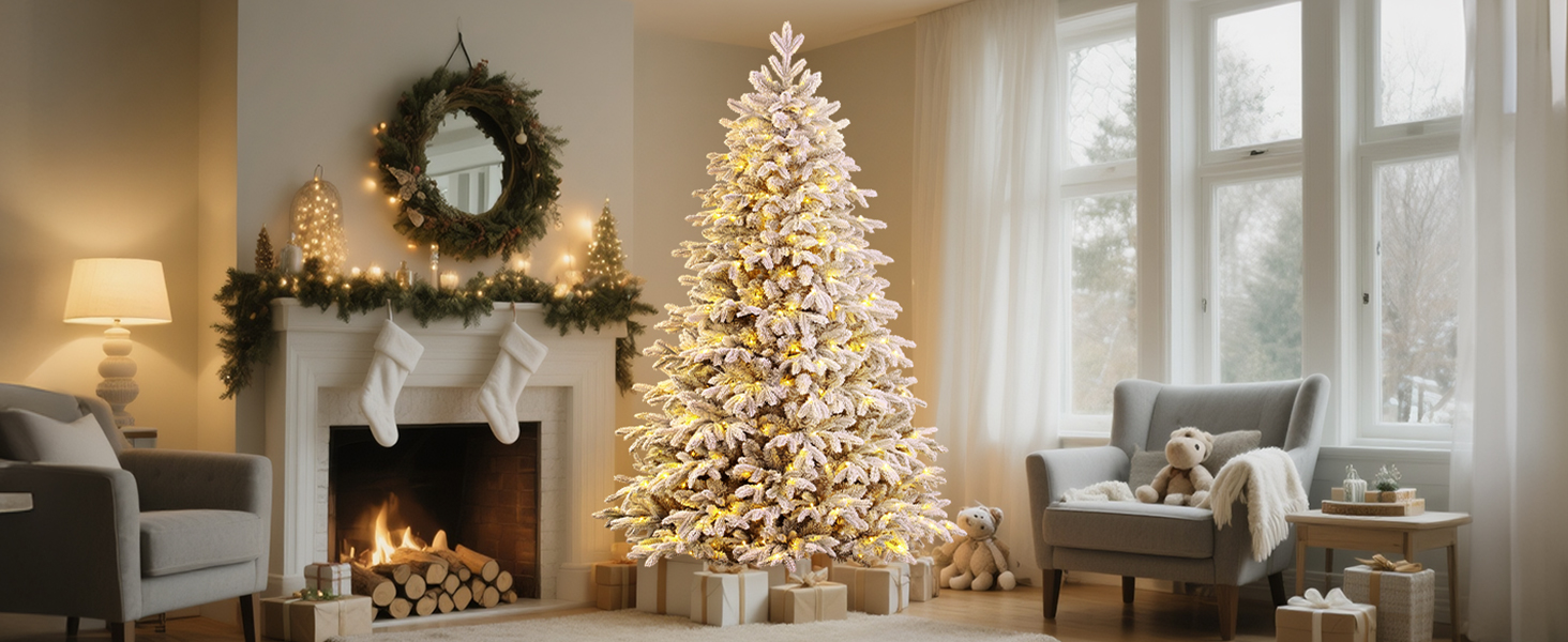 Prelit Snow Flocked Artificial Holiday Christmas Tree