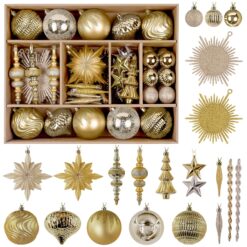 80pcs Deep and Light Gold Flowers, Ribbons, Stars Christmas Balls Ornaments Set with Hanging Strings