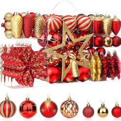 106pcs Christmas Shatterproof Plastic Balls Ornaments Set Red & Gold
