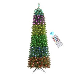 Pre-lit Classic Spruce Artificial Slim Pencil Christmas Trees with RGB Lights Remote