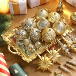 Alternative view of 80pcs Deep and Light Gold Flowers, Ribbons, Stars Christmas Balls Ornaments Set with Hanging Strings