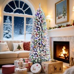 Alternative view of 7ft Pencil Flocked Spruce Christmas Tree with Multi-color Lights