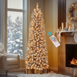 Alternative view of 4ft Prelit Snow Flocked Artificial Pencil Christmas Tree with Multi-Color RGB Lights and Remote