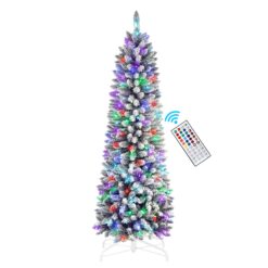 Alternative view of 5ft Prelit Flocked Artificial Slim Pencil Christmas Tree with Multi-Color RGB Lights and Remote