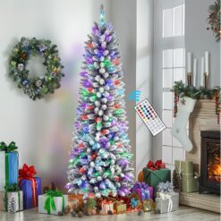 9ft White Flocked Artificial Pencil Christmas Tree with 440 Multi-Color RGB Lights and Remote