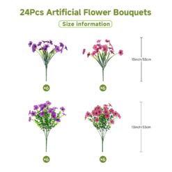 Alternative view of 24 Bundles Artificial Flowers UV Resistant Silk Violet Faux Daisy Eucalyptus(Purple & Rosered)