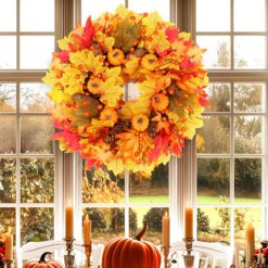 20FT Fall Wreath Artificial Autumn Wreaths with Maples Leaf Pumpkin Pine Cone Berry