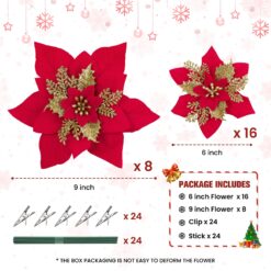 Alternative view of 24 Pcs 6"&9" Red＆Gold Large Poinsettia Artificial Christmas Flowers Decorations for Christmas Tree with Clips&Sticks