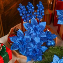 Alternative view of 24 Pcs Blue Boxed 12Pcs Poinsettias Artificial Christmas Flowers+12Pcs Holly Berry Stems for Christmas Tree Decor