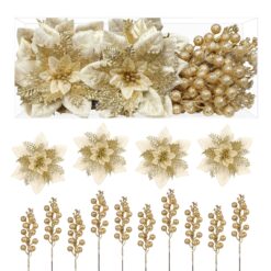 24 pcs Gold Christmas Picks Decoration 12pcs Artificial Christmas Flower+12pcs Holly Berry Stem